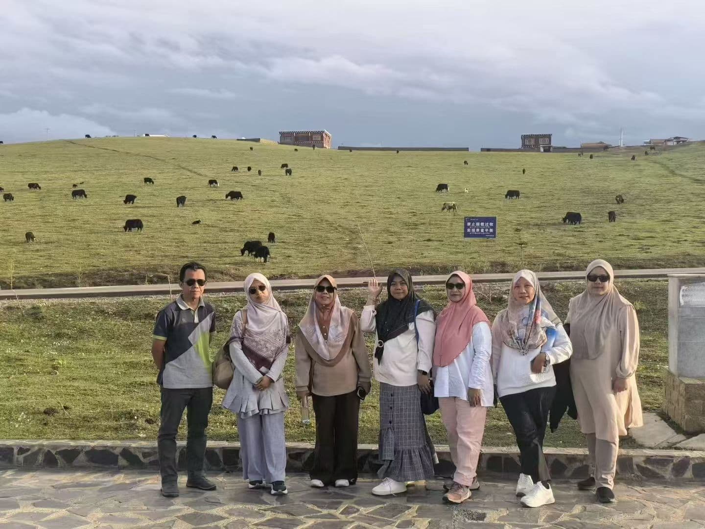 Travelers on a highland grassland in Yunnan